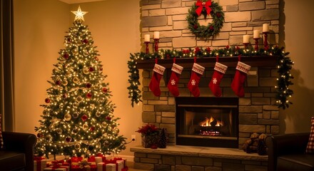 Cozy christmas living room with decorated tree and fireplace scene