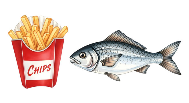 Classic fish and chips illustration on black background featuring a fresh fish and fries