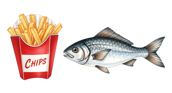 Classic fish and chips illustration on black background featuring a fresh fish and fries