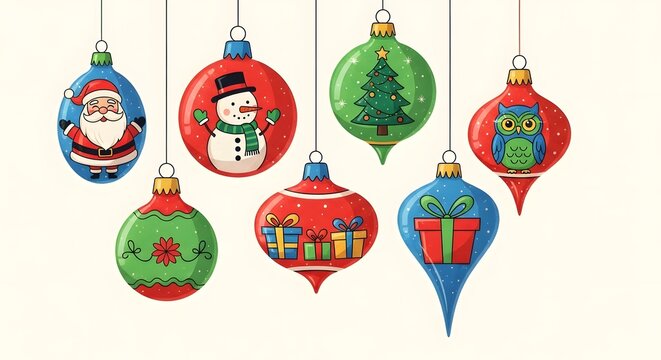 Vintage style christmas ornaments featuring santa snowman tree owl and presents