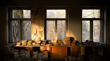 lectern. Dawn light streaming through broken windows into a classroom with new textbooks on the lectern. ESG reports, sustainability campaigns, designed for environmental awareness campaigns.