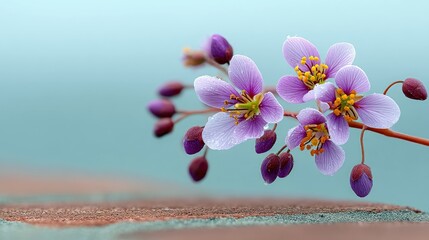 Close-up of delicate purple flowers with yellow centers and water droplets, set against a soft blue backdrop. The flowers are in full bloom, showcasing their in