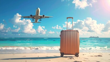 Tropical Beach Vacation with Airplane and Luggage - Perfect Getaway.