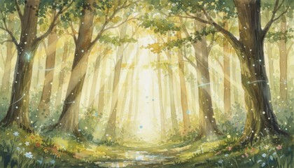 A bright sunlit forest scattering gentle sparkles suggesting renewal hope spring energy and calm nature path likely in european woodland