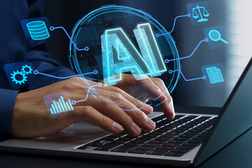 Generative AI supporting business processes with intelligent automation technology. Machine learning integration into workflows. Businessperson using laptop computer.