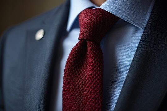 Close up of a man in a suit wearing a red textured tie