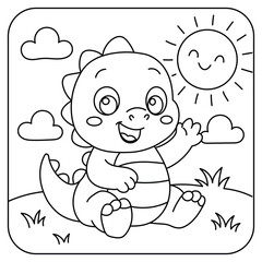 Cute Baby Dinosaur Sitting and Waving at the Sun Coloring Page