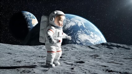 Baby Astronaut Exploring the Moon with Earth in the Background