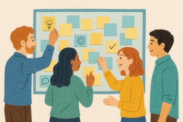Collaborative brainstorming session illustrating diverse team members engaged in creative problem solving while utilizing colorful sticky notes to capture innovative ideas and inspire collective