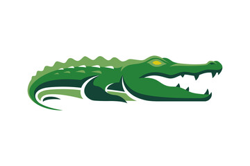 Green alligator mascot logo illustration, representing strength, power, and aggressive determination with sharp teeth and menacing eyes for a sports team or brand identity