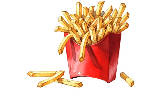Crispy golden french fries overflowing from a red container on a dark background