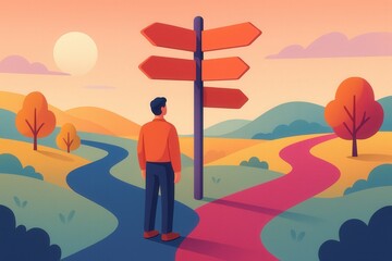 Person contemplating decision at crossroads in an abstract landscape with vibrant color palette and directional signs representing choices and opportunities for personal growth and exploration