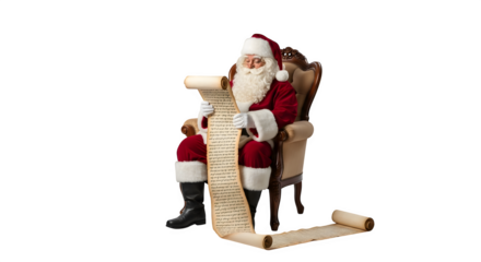 Santa claus reading a long scroll list isolated on transparent background
