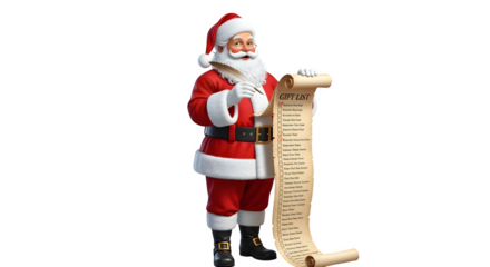 Santa claus holding a long scroll with names isolated on transparent background