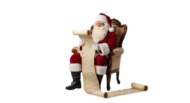 Santa claus reading a long scroll list isolated on transparent background
