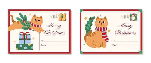 Set of Christmas Postcard Cute Cat Illustration