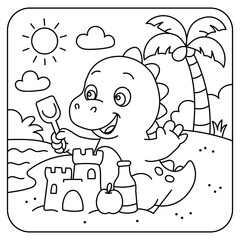 Cute Baby Dinosaur Building a Sandcastle at the Beach Coloring Page