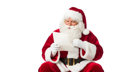 Santa claus reading a list isolated on transparent background preparing for christmas