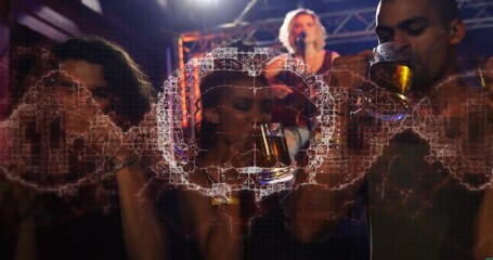 Group raising drinks while watching singer, sparking animated map overlay growing and tracing mugs