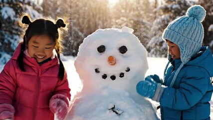 Two happy Asian children building a snowman in a bright, snowy winter forest for a childhood joy concept and holiday family fun - Powered by Adobe