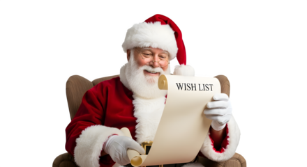 Santa claus reading his naughty or nice list isolated on transparent background