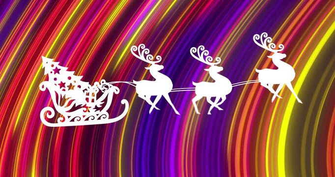 Loop starting, white sleigh and 3 reindeer galloping, neon bands shifting, creating festive motion