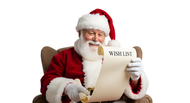 Santa claus reading his naughty or nice list isolated on transparent background