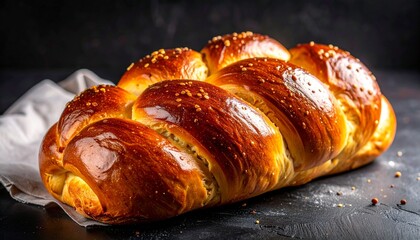“A braided loaf of golden-brown bread on a round wooden board against a dark background.”
