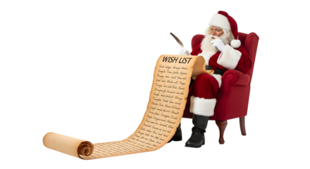Santa claus checking his list twice in his chair isolated on transparent background