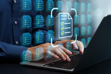 Legal document management system. Business document archiving and storage. Approval workflow automation and records compliance. Businessperson using laptop computer for file retrieval.