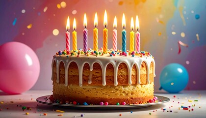 “A colorful birthday cake with eight lit candles surrounded by festive decorations and flowers.”