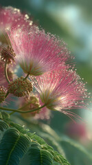 AI generator image of Mimosa tree (Mimosa) or Persian silk tree (Persian silk tree), scientific name Albizia julibrissin , pink silk tree with pink flowers