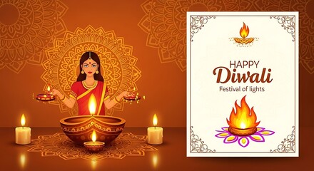 Festive Diwali Illumination Beautiful Woman with Lit Diyas and Traditional Greeting Card Design