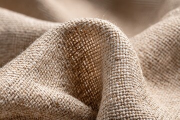 Beige linen fabric detail with visible fibers for use as background texture