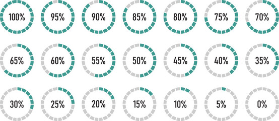 Circle percentage diagram. Radial pie charts displaying progress from 10% to 100%, perfect for data visualization, infographics, and loading indicators. Percentage number icon set