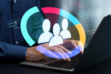 Market research and customer segmentation analysis. Consumer insight surveys and marketing data analysis. Marketer using laptop computer to analyze online research data.