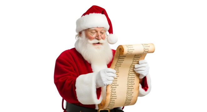 Santa claus reading a long christmas list isolated on transparent background for holiday designs