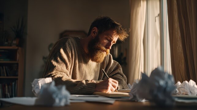 Bearded man writing in a notebook at a wooden desk with crumpled paper balls under warm natural light