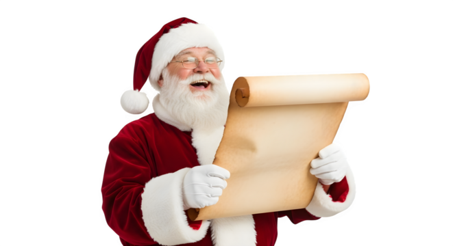 Santa claus reading a scroll with surprised expression isolated on transparent background - Powered by Adobe
