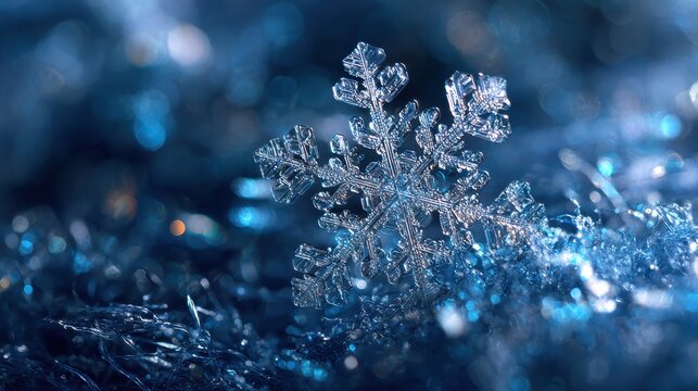 A stunning macro shot of a perfect snowflake against a blurred blue backdrop.