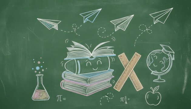 Playful green chalkboard with smiling books globe rulers and paper planes for cheerful back to school education theme - Powered by Adobe