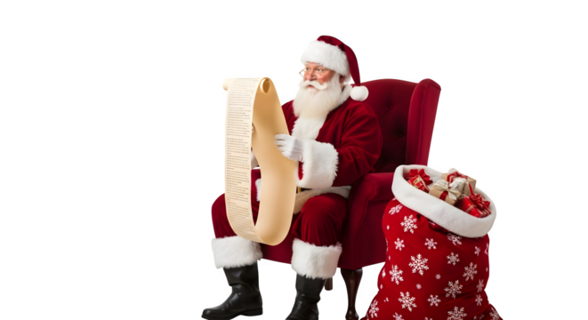Santa claus reading a long christmas list isolated on transparent background