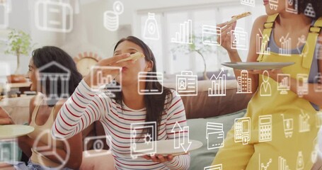 Woman in striped top raising slice and gesturing sparking finance chat with white charts hovering - Powered by Adobe