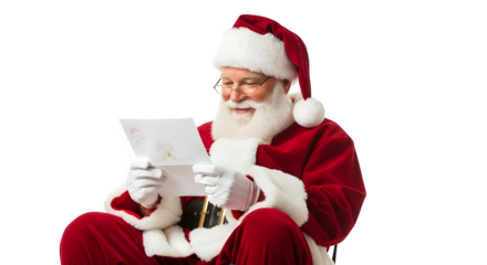 Santa claus reading a letter isolated on transparent background for christmas holiday season