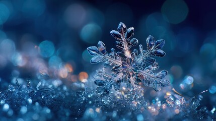 A crystalline snowflake is displayed against a soft, blue-toned background.
