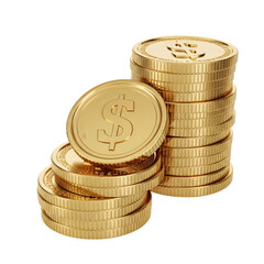 3D coin stack icon with golden metallic finish, isolated on white