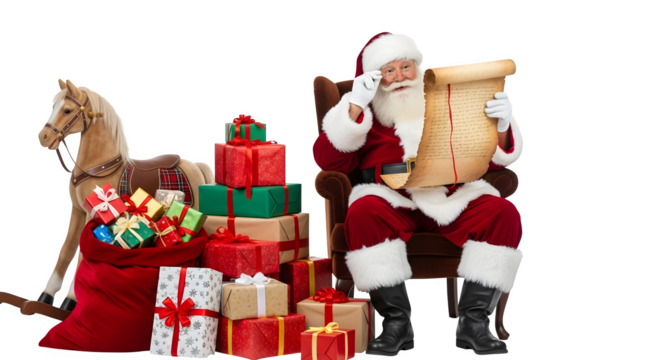 Santa claus reading a scroll with gifts and rocking horse isolated on transparent background