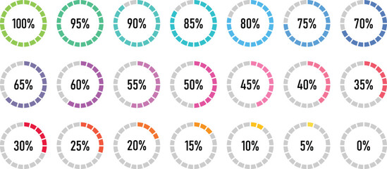 Percentage infographics flat elements. Round diagrams icons for infographics from 0 to 100 percent. Circle graph loading progress templates. Green, grey color fill divided pie charts indicators