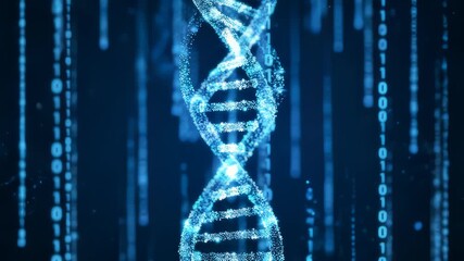Dna Strand Rotating With Binary Code in Digital Sci-Fi Environment - Powered by Adobe