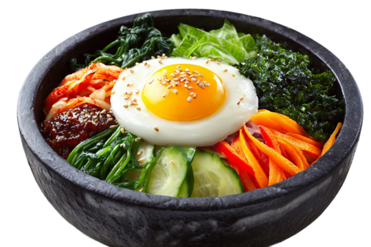 Bibimbap in stone bowl isolated on transparent background
